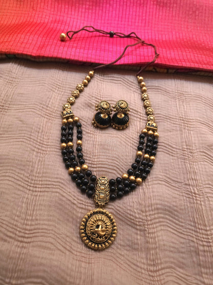 Mayura Antique Gold Peacock Medallion & Three-Layer Jet Black Terracotta Set
