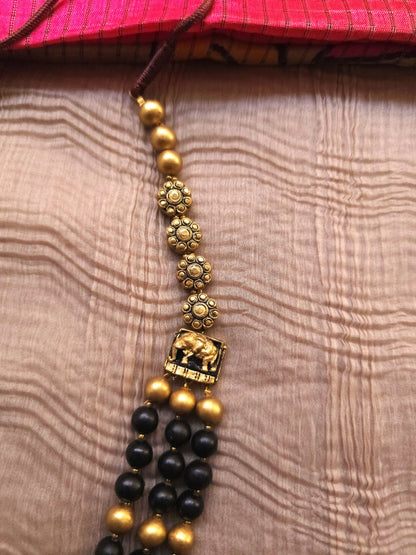 Mayura Antique Gold Peacock Medallion & Three-Layer Jet Black Terracotta Set