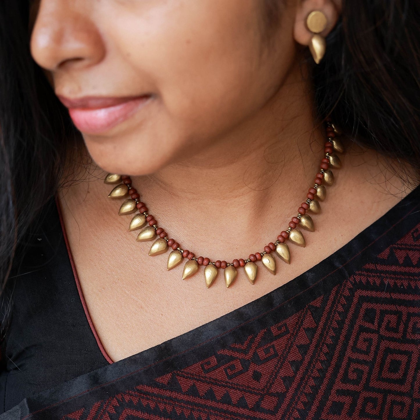Handmade terracotta drop earrings in gold tone