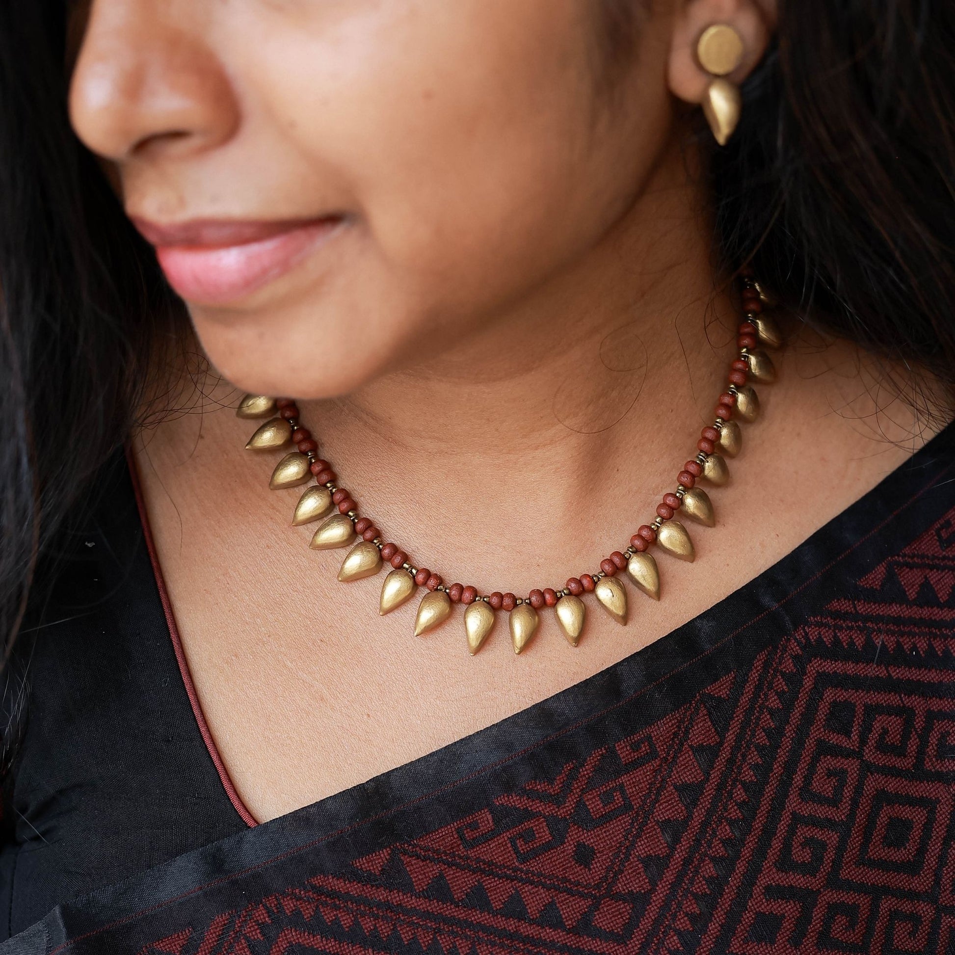 Handmade terracotta drop earrings in gold tone