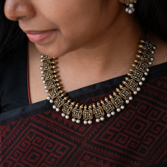 Moksha - Dual tone Gold silver contemporary choker with square motifs and silver hangings terracotta jewellery with matching studs