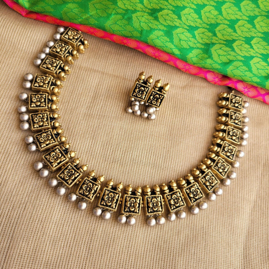 Moksha - Dual tone Gold silver contemporary choker with square motifs and silver hangings terracotta jewellery with matching studs