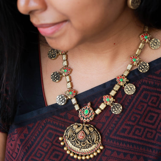 Moksha - Red and aqua blue floral and coin motifs with tubes and antique gold peacock pendant terracotta jewellery