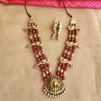 Morva terracotta parrot necklace dual-tone gold silver maroon