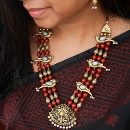 Morva terracotta parrot necklace dual-tone gold silver maroon