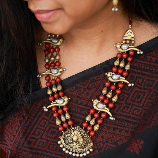 Morva terracotta parrot necklace dual-tone gold silver maroon
