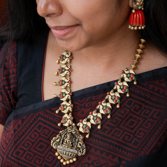 Naruvi - Red, Green, white peacock motif necklace with antique gold Lakshmi pendant terracotta jewellery with matching jumkas