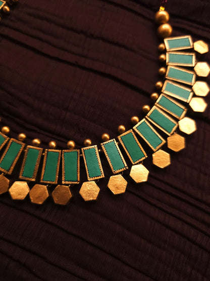 Netra Antique Gold Geometric & Teal Green Terracotta Collar Set