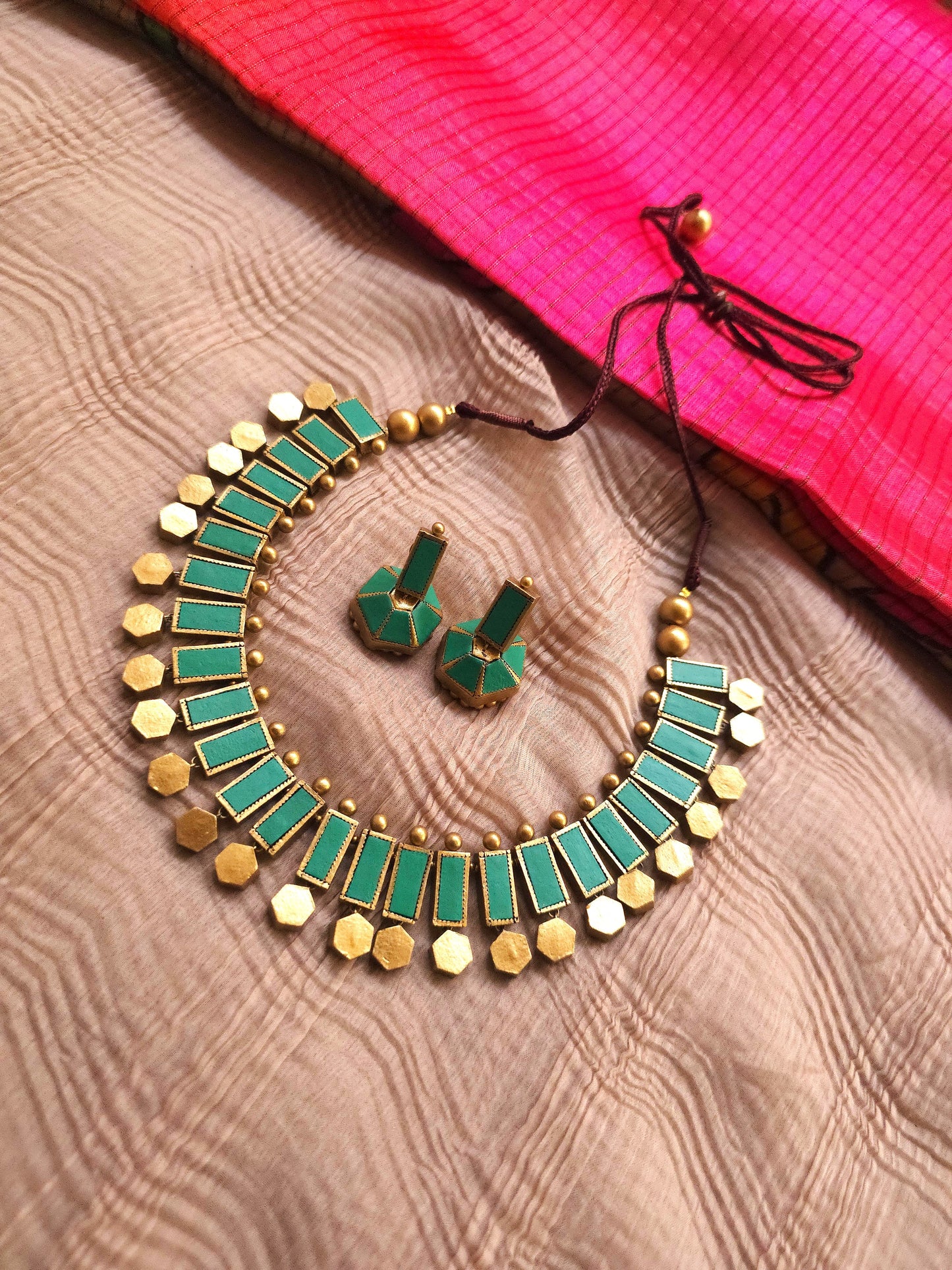 Netra Antique Gold Geometric & Teal Green Terracotta Collar Set