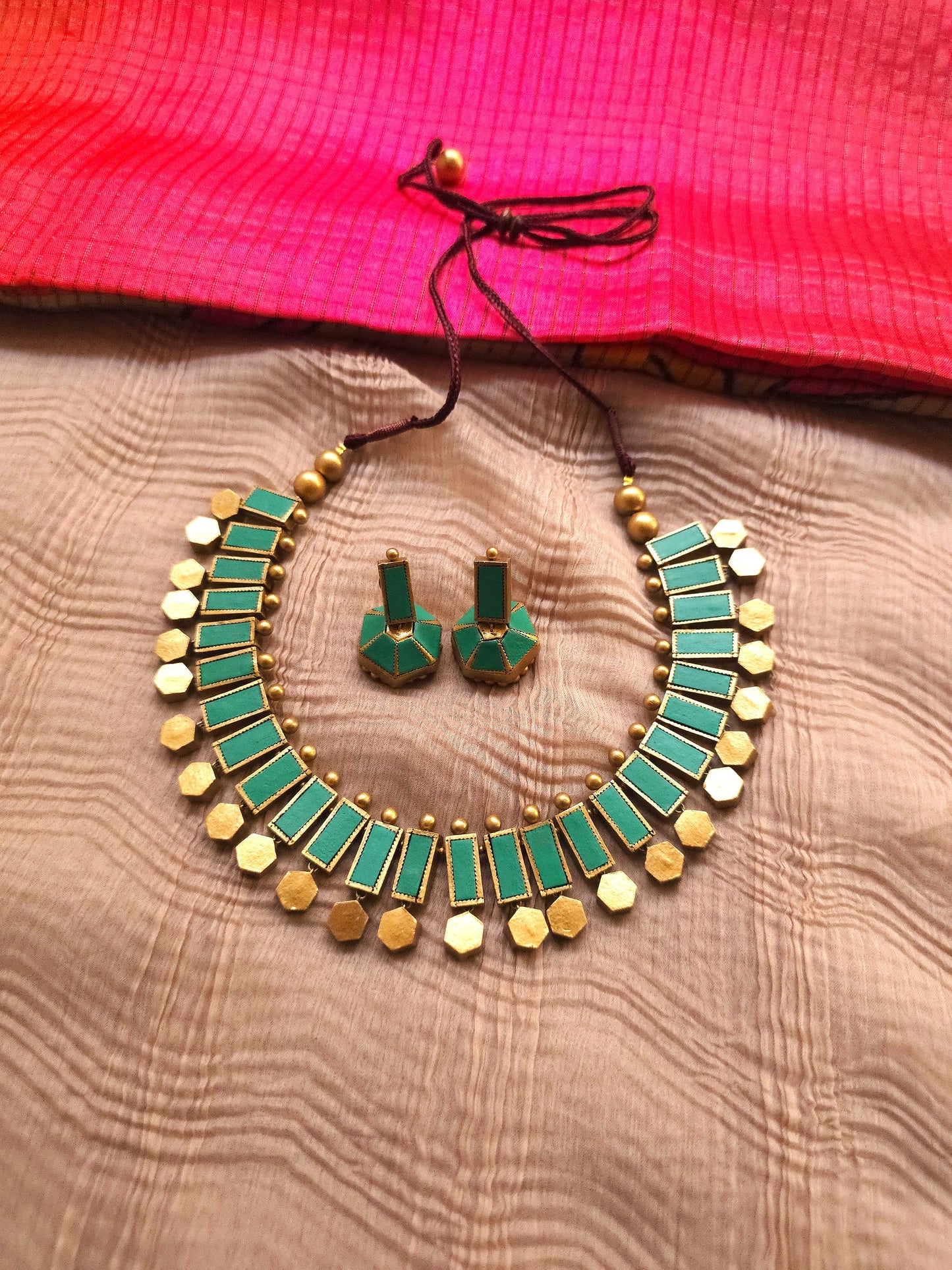 Netra Antique Gold Geometric & Teal Green Terracotta Collar Set