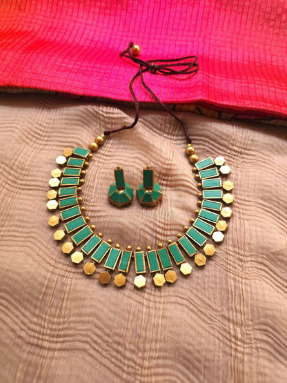 Netra Antique Gold Geometric & Teal Green Terracotta Collar Set