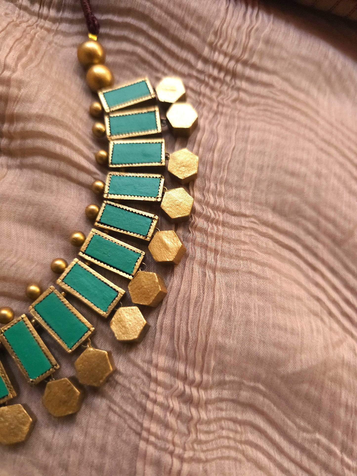 Netra Antique Gold Geometric & Teal Green Terracotta Collar Set