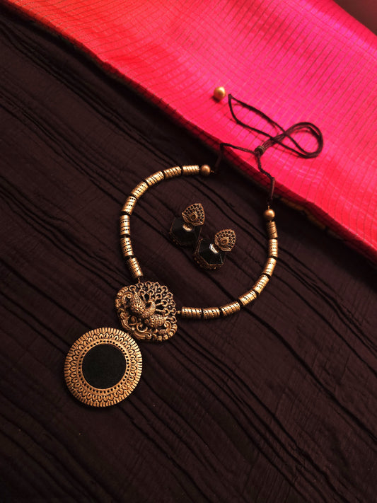 Nirupama Antique Gold Peacock & Black Medallion Terracotta Set