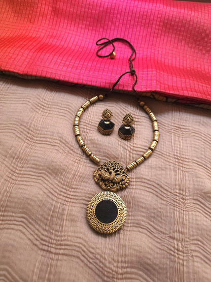 Nirupama Antique Gold Peacock & Black Medallion Terracotta Set