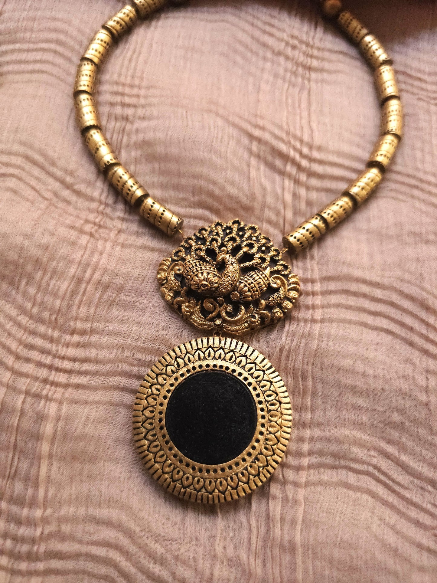 Nirupama Antique Gold Peacock & Black Medallion Terracotta Set