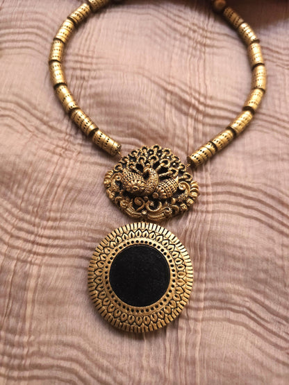 Nirupama Antique Gold Peacock & Black Medallion Terracotta Set