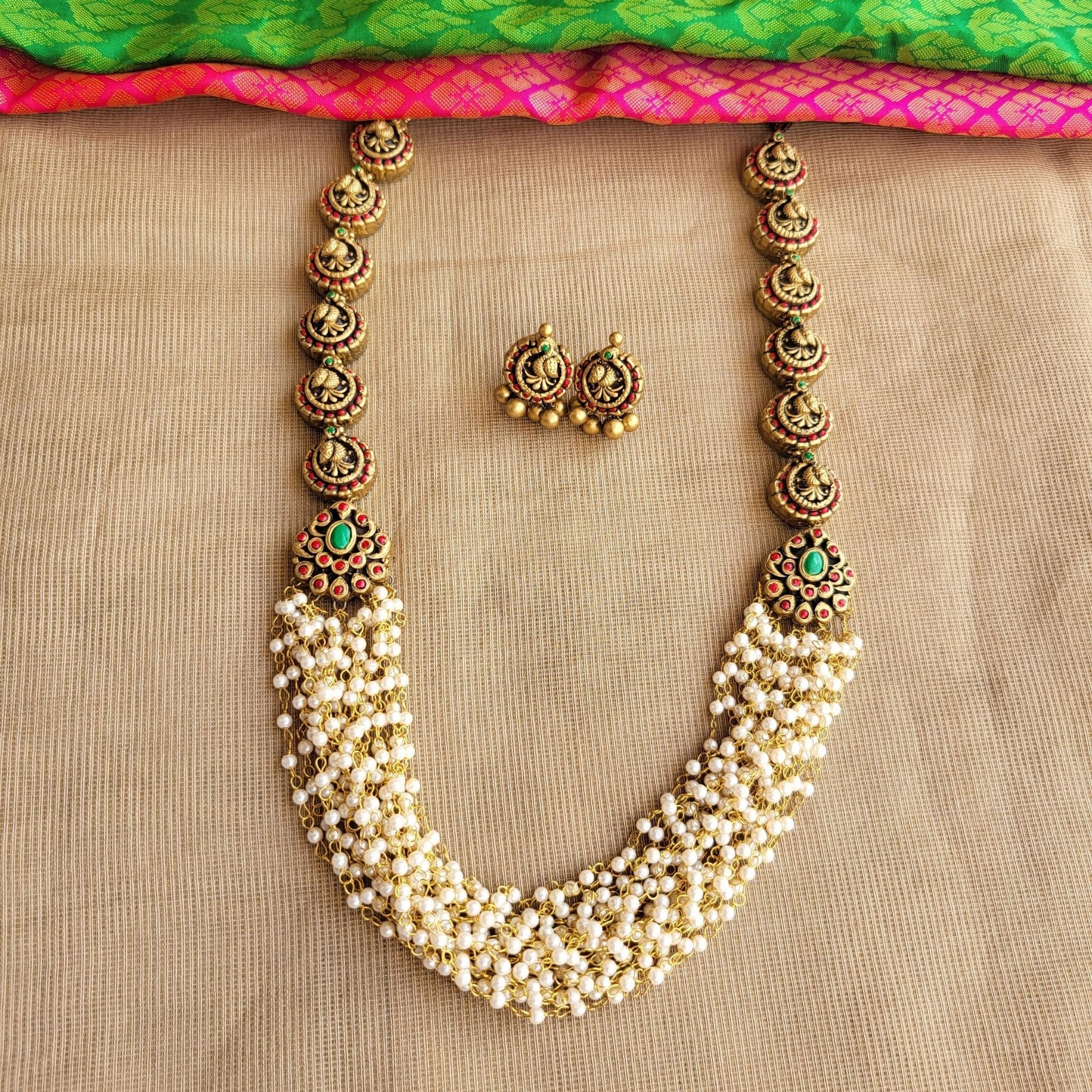 Lightweight handmade terracotta peacock chain and earrings set