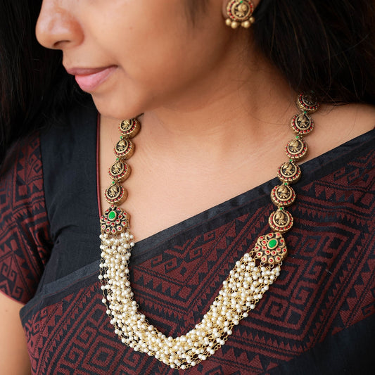 Olivia - Pearl bunch chain with peacock mugappu fusion terracotta jewellery with matching earrings