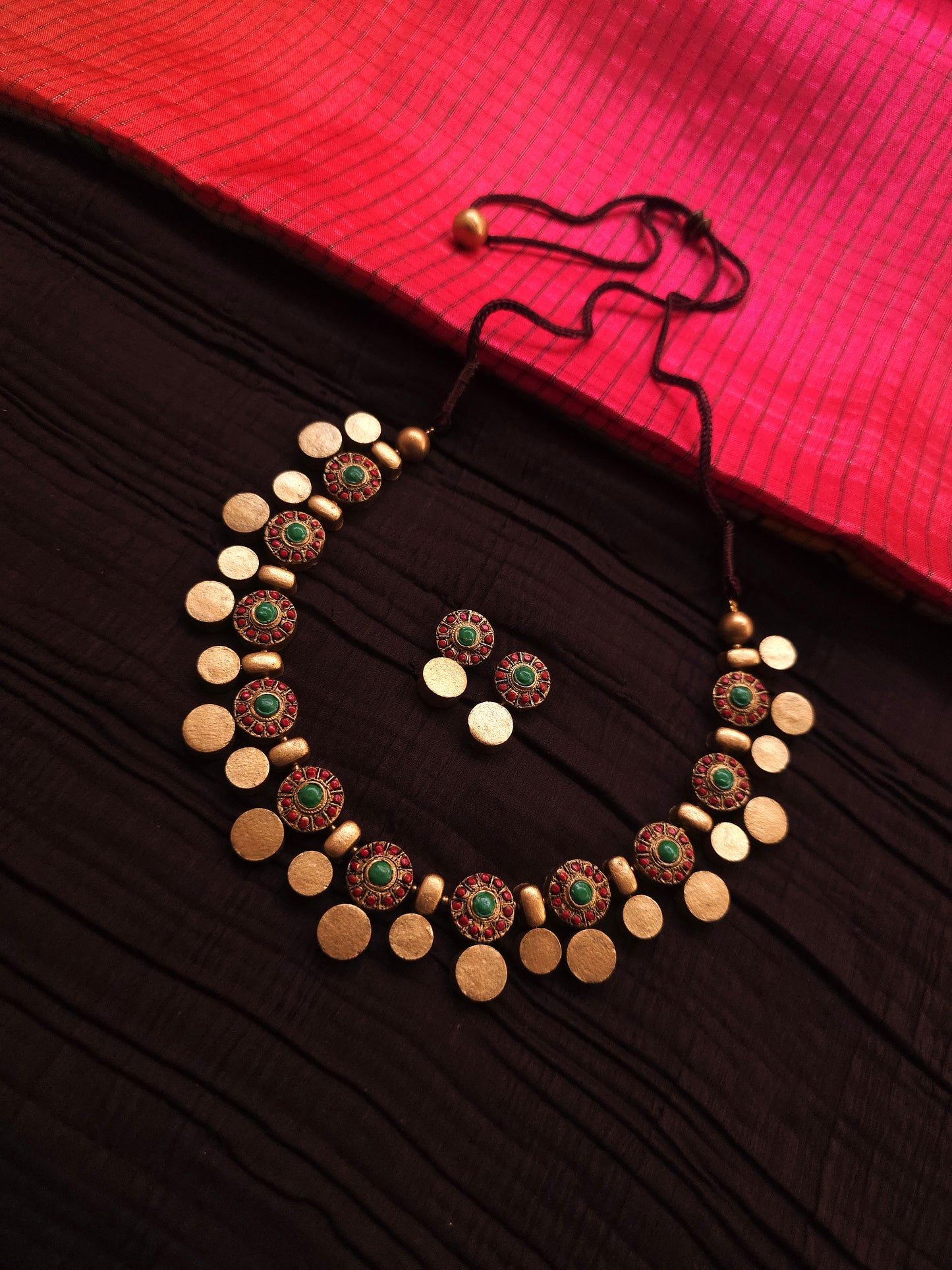 Pallavi Antique Gold Chakra & Crimson-Green Terracotta Collar Set
