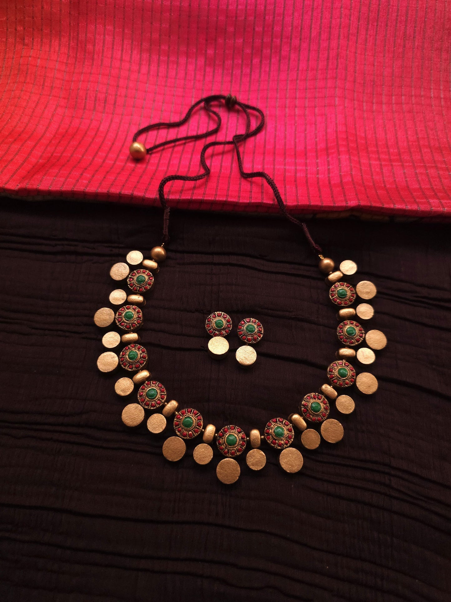 Pallavi Antique Gold Chakra & Crimson-Green Terracotta Collar Set