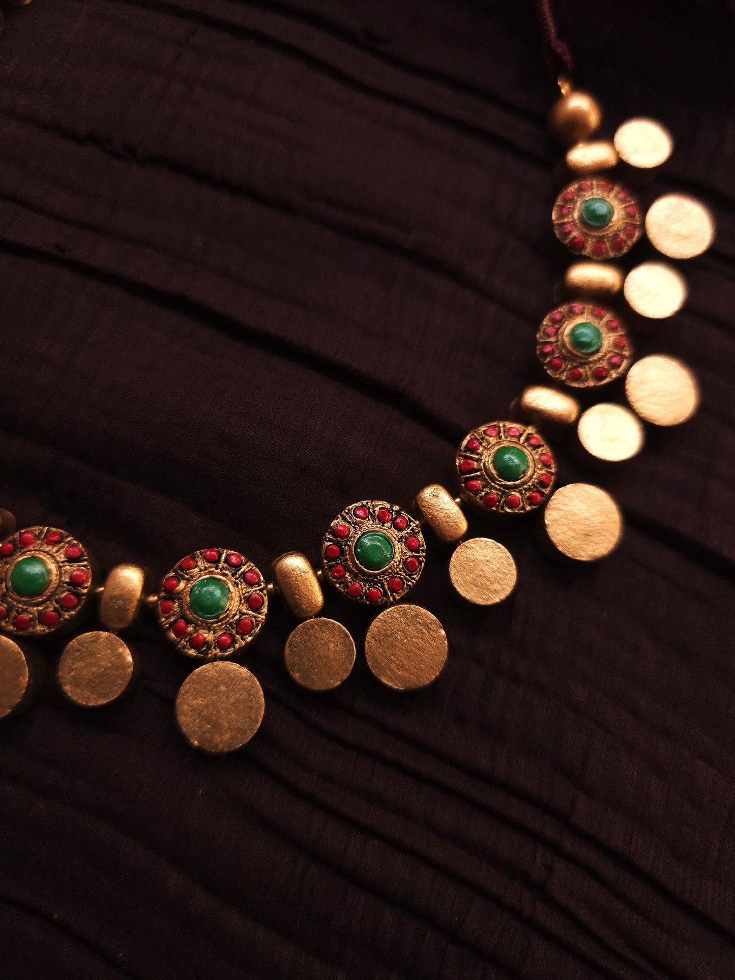 Pallavi Antique Gold Chakra & Crimson-Green Terracotta Collar Set