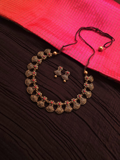 Pallavi Antique Gold Fan-Shaped Filigree & Crimson Terracotta Collar Set