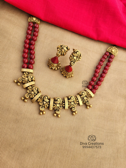 Peacock 2 row Maroon Terracotta Jewellery