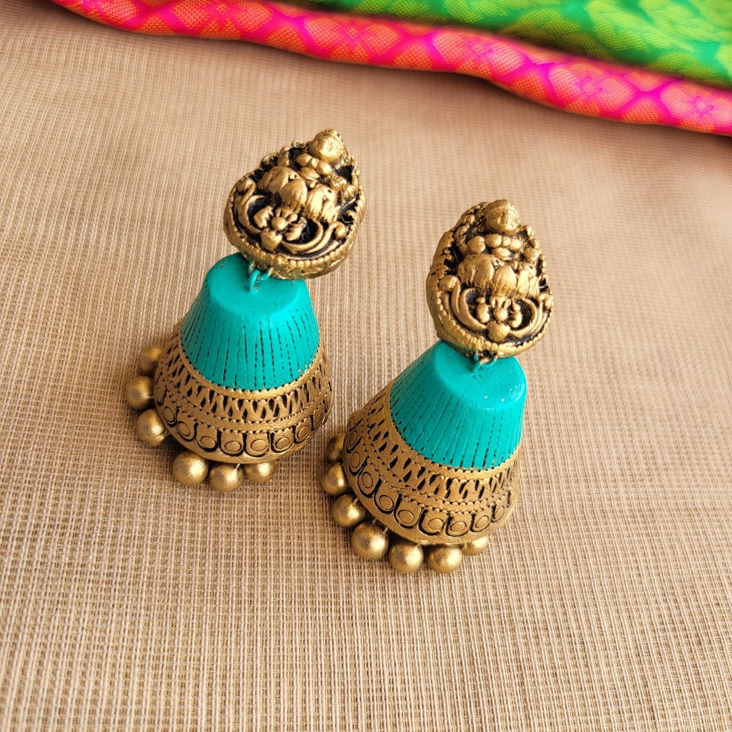 Matching terracotta jumka earrings handcrafted