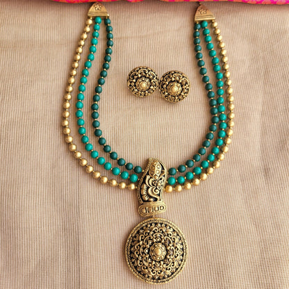 Handcrafted three-row terracotta necklace