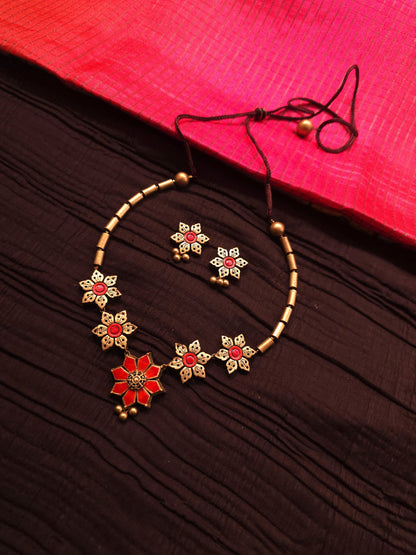 Pushpaanjali Antique Gold & Crimson Floral Terracotta Set