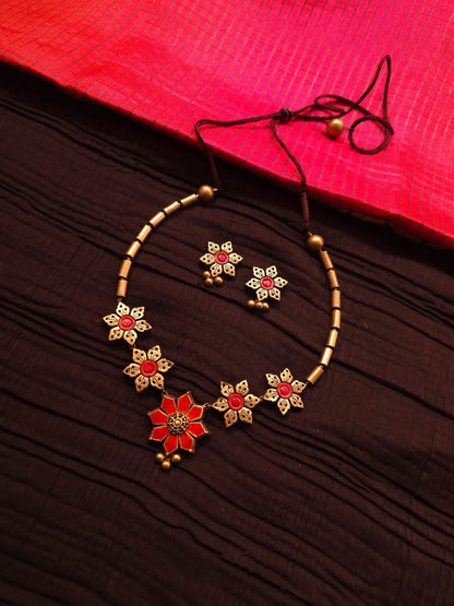 Pushpaanjali Antique Gold & Crimson Floral Terracotta Set