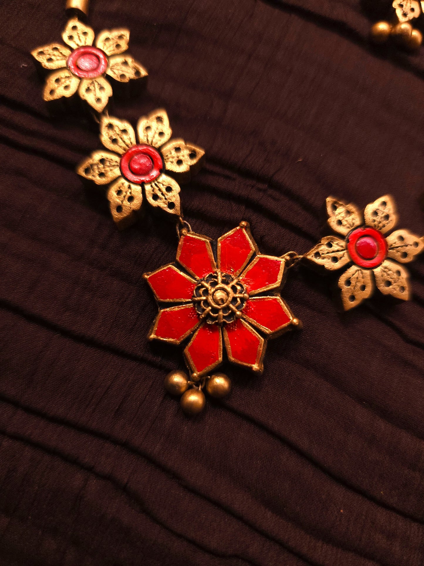 Pushpaanjali Antique Gold & Crimson Floral Terracotta Set