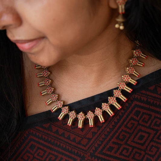 Rivaka - Simple Stick tube pattern necklace in pink and antique gold color terracotta jewellery with matching earrings