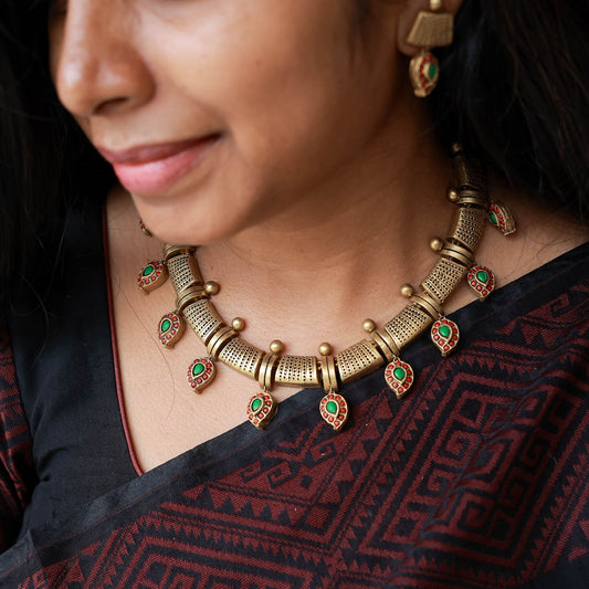 Riya - Red Green antique gold mango drops contemporary necklace terracotta jewellery with matching earrings