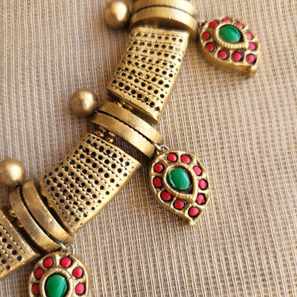 Handmade terracotta necklace with red and green mango pendants