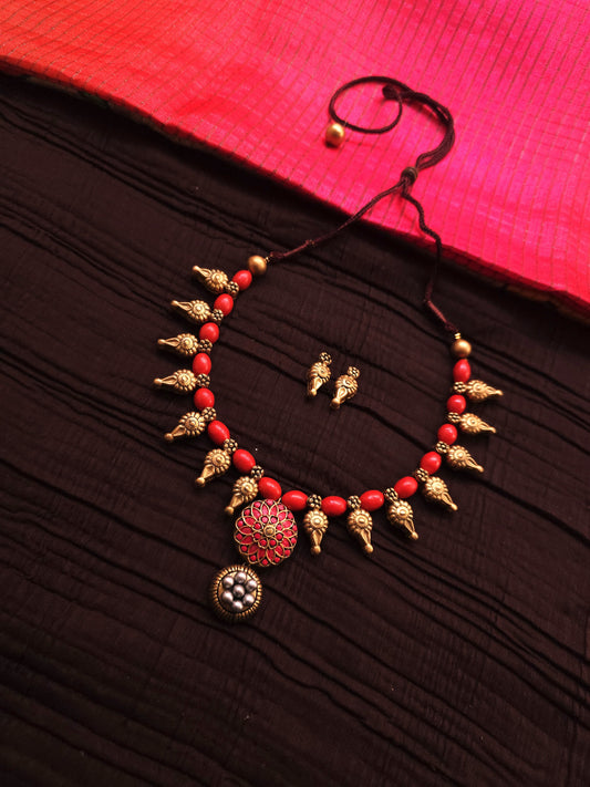Rohini Antique Gold Bud & Crimson Mandala Terracotta Collar Set