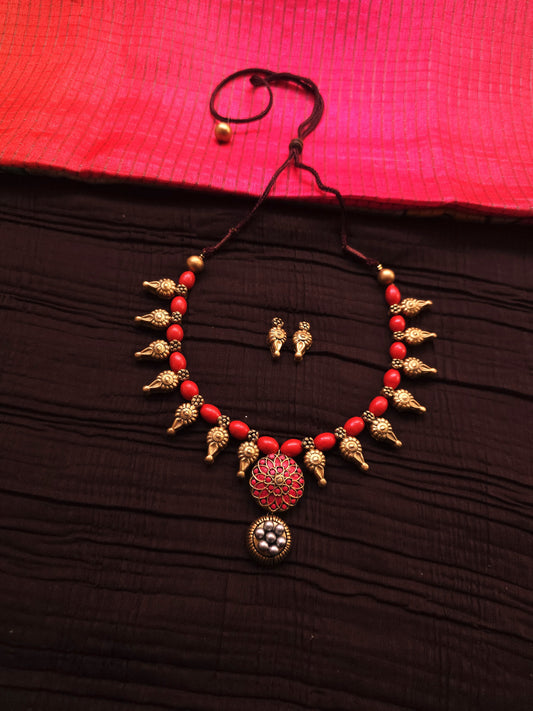 Rohini Antique Gold Bud & Crimson Mandala Terracotta Collar Set