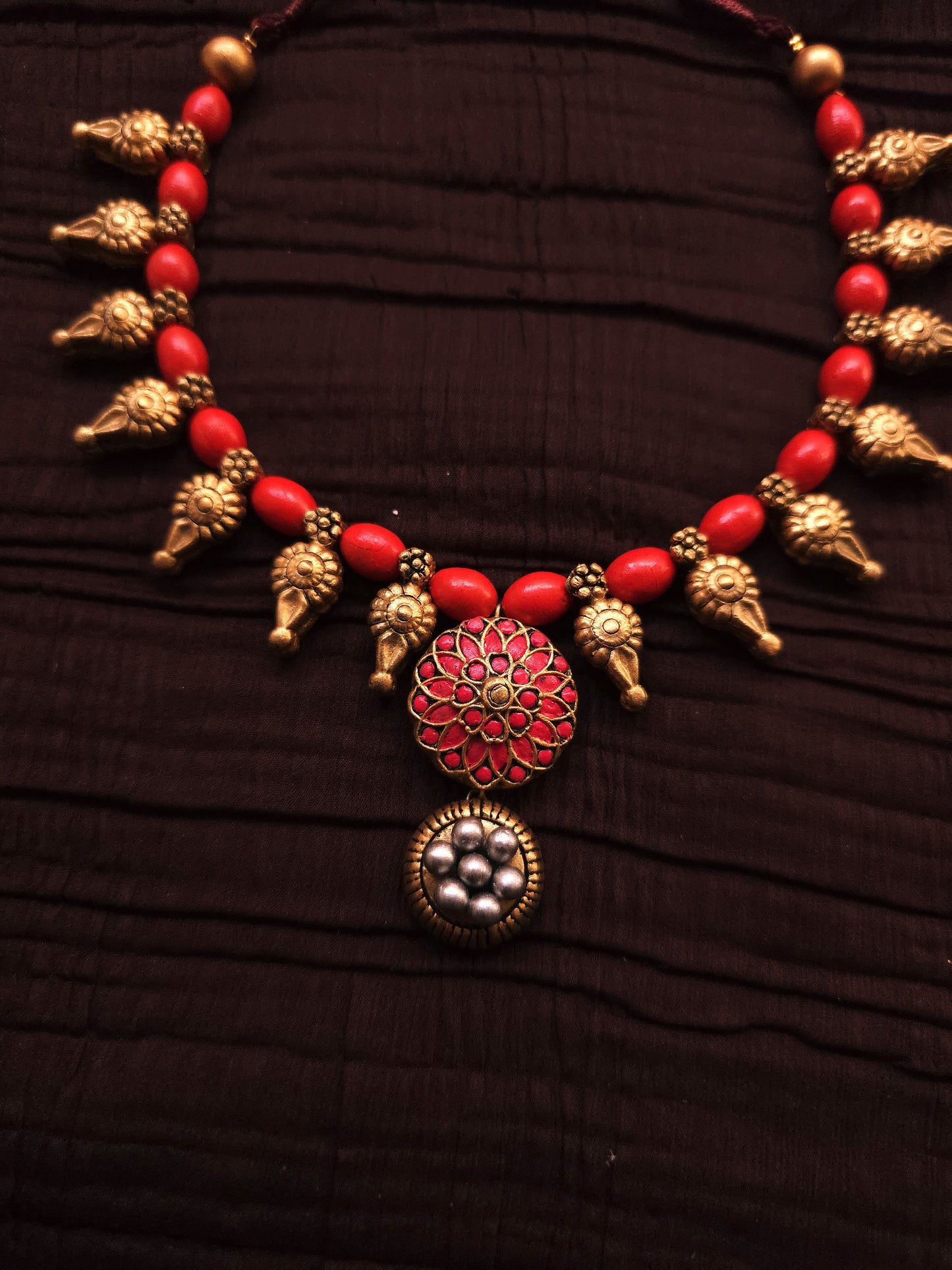 Rohini Antique Gold Bud & Crimson Mandala Terracotta Collar Set