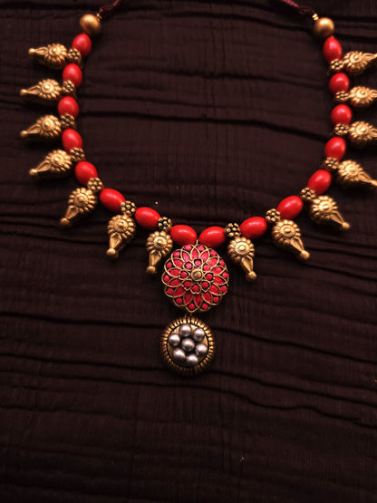 Rohini Antique Gold Bud & Crimson Mandala Terracotta Collar Set