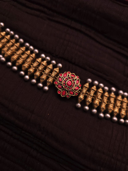 Rukmini Antique Gold Ribbed Spindle & Crimson Rosette Terracotta Choker Set