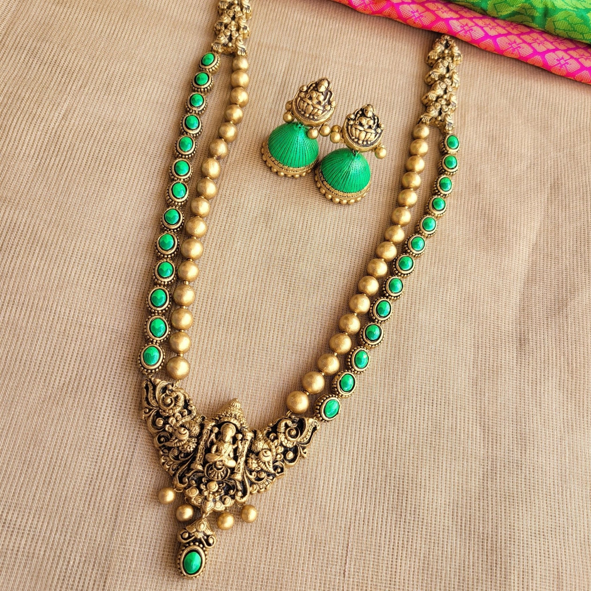 Artisan-crafted Shravyam terracotta jewellery set with matching jumka earrings
