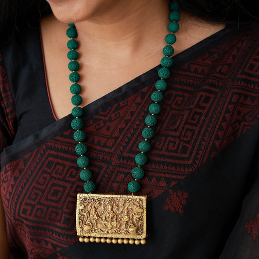 Shreya - Green rudhraksh bead neackace with antique gold pendant terracotta jewellery
