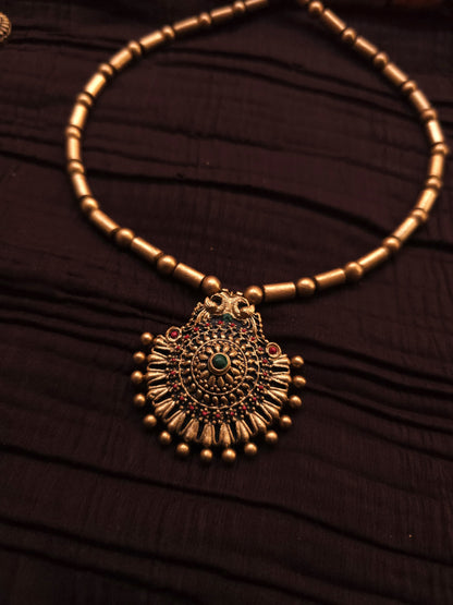 Tanvi Antique Gold Tubular Bead & Concentric Chakra Terracotta Pendant Set