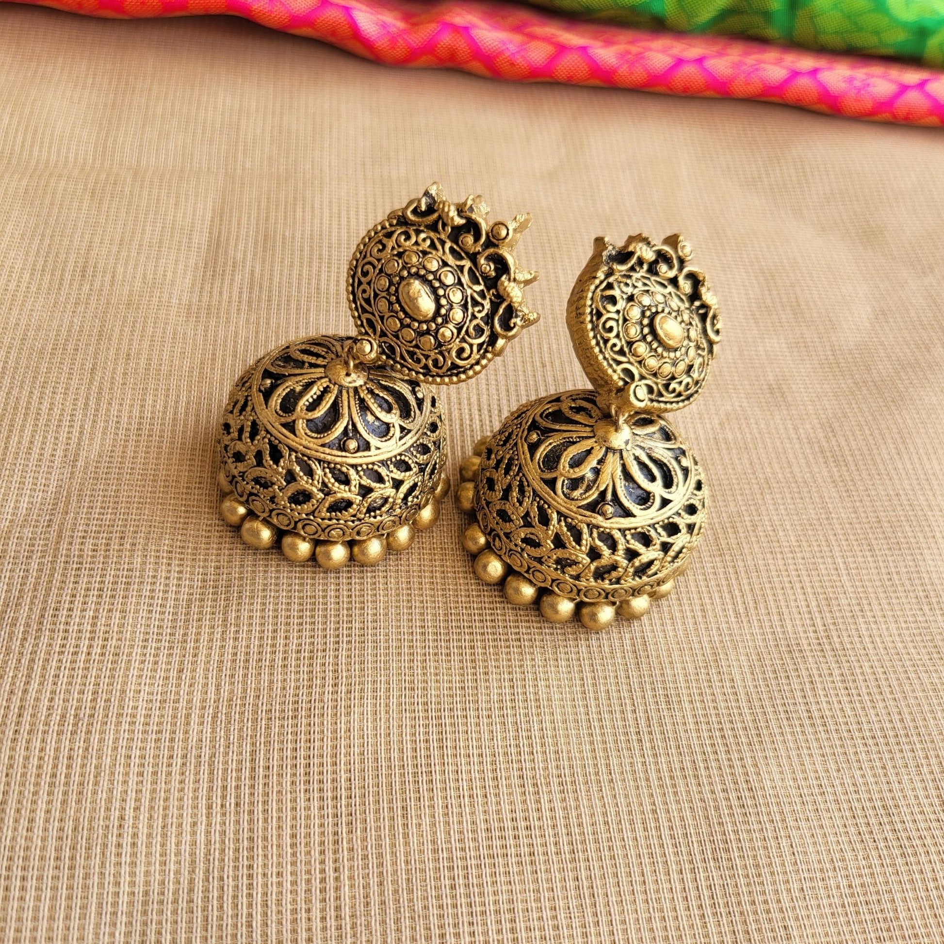 Matching terracotta jumka earrings handcrafted