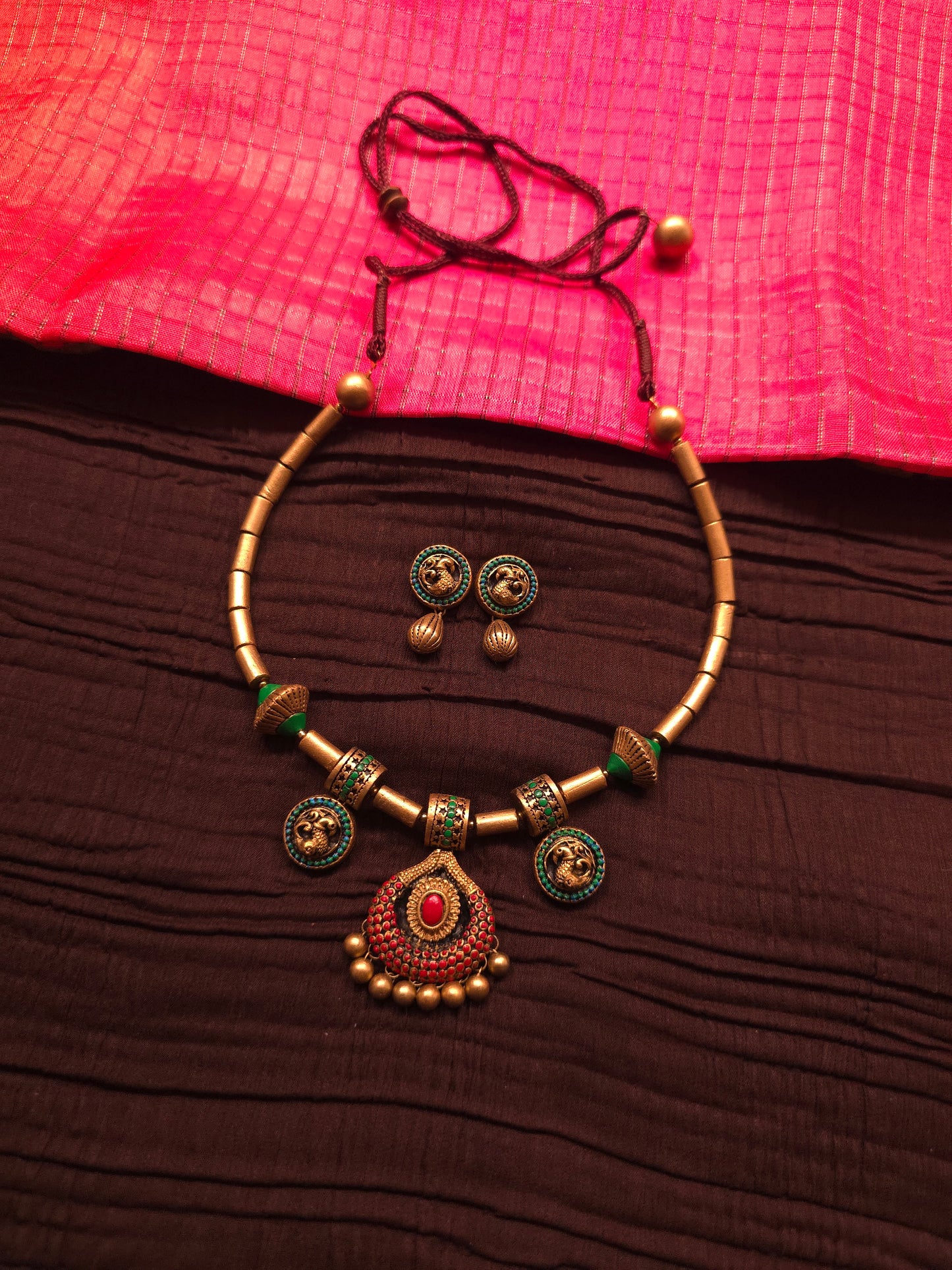 The Crimson Mayura Antique Gold & Ruby Peacock Terracotta Set