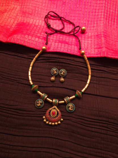 The Crimson Mayura Antique Gold & Ruby Peacock Terracotta Set