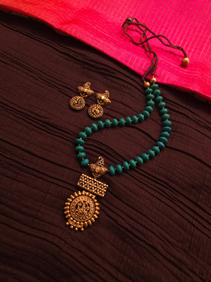 The Mayura Chandrika Antique Gold Peacock & Turquoise Bead Terracotta Set