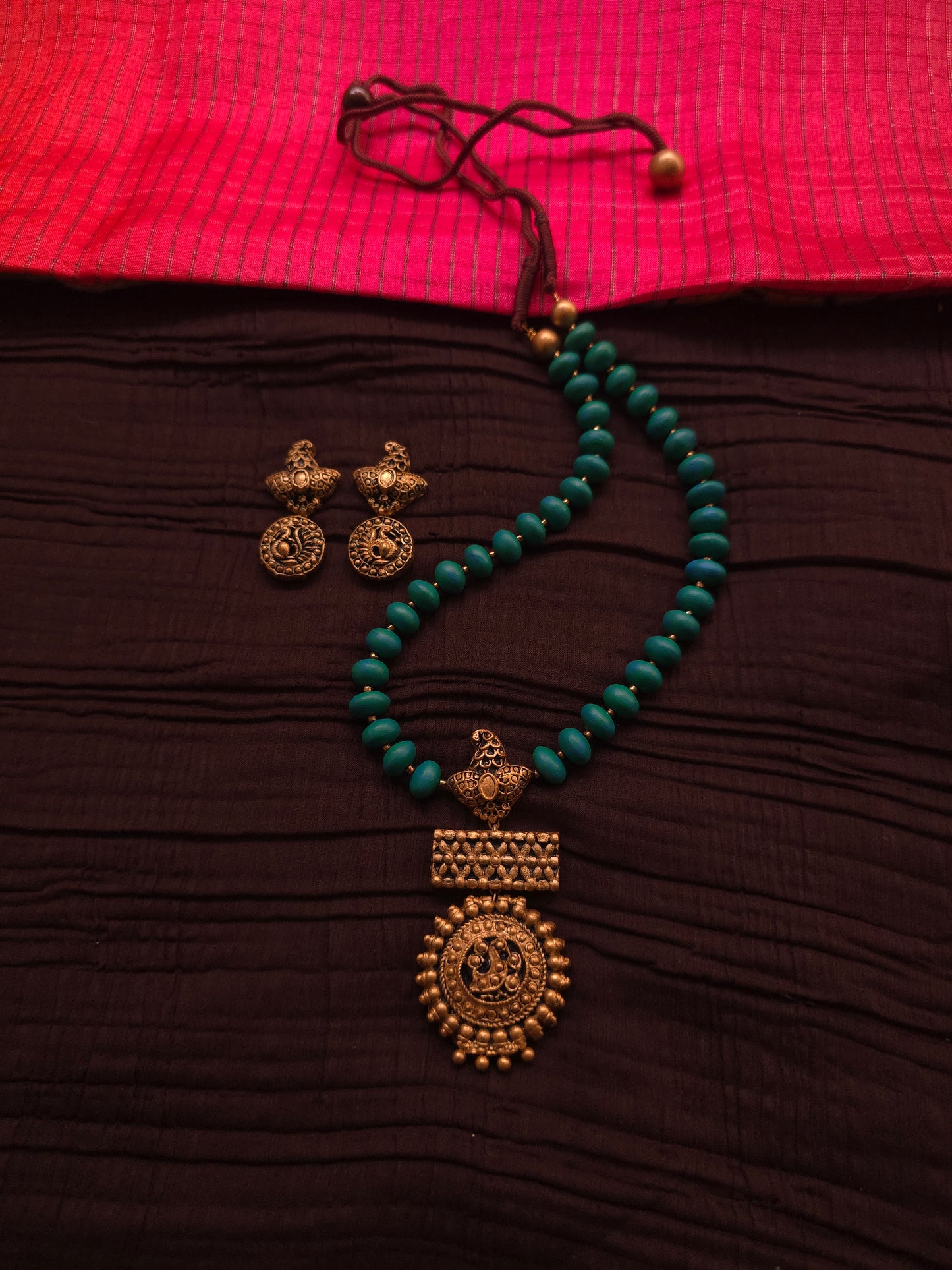 The Mayura Chandrika Antique Gold Peacock & Turquoise Bead Terracotta Set