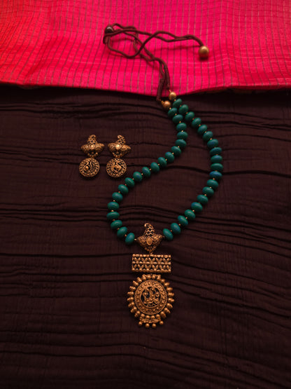 The Mayura Chandrika Antique Gold Peacock & Turquoise Bead Terracotta Set