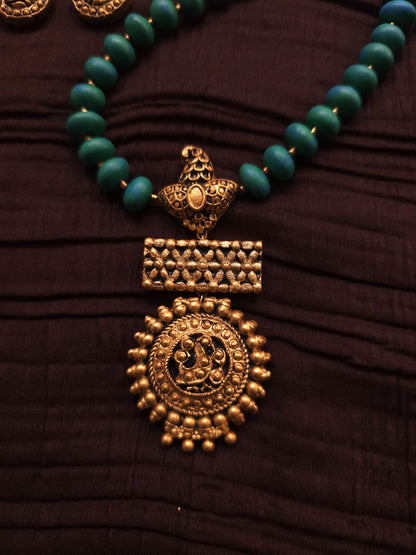 The Mayura Chandrika Antique Gold Peacock & Turquoise Bead Terracotta Set